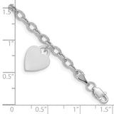 14k White Gold Engravable 14x10mm Solid Dangle Heart Charm and Hollow Chain 7.5 inch Bracelet
