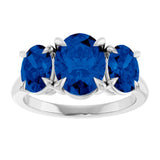 14K White Gold 8x6 mm Oval Lab-Grown Blue Sapphire Three-Stone Ring