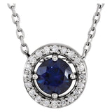 14K White Gold Natural Blue Sapphire & .05 CTW Natural Diamond Halo-Style 16" Necklace