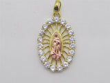 STERLING SILVER GOLD AND ROSE TONE PLATED OUE LADY OF GUADALUPE OVAL MEDAL WITH CZ STONES