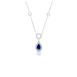 Uneek Pear-Shaped Blue Sapphire Pendant Necklace with Diamond Double Halo and Pave Stations