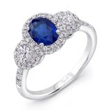 Uneek Oval Sapphire-Centered Three-Stone Engagement Ring with Round Diamond Sidestones