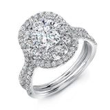 Uneek Round Diamond Engagement Ring with Oval-Shaped Mixed Double Halo and Pave Double Shank