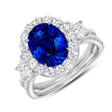 Uneek Oval Blue Sapphire Ring with Round Diamond Halo and Trapezoid Diamond Sidestones