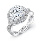 Uneek Round Diamond Engagement Ring with Crisscross Double Shank and Staggered Double Halo