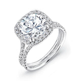 Uneek 3-Carat Round Diamond Engagement Ring with Cushion-Shaped Halo and Pave Double Shank