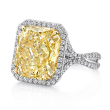 Uneek 12-Carat Radiant-Cut Fancy Yellow Diamond Halo Engagement Ring with Pave Silhouette Double Shank