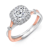 Uneek Round Diamond Engagement Ring with Cushion-Shaped Halo and Two-Tone Silhouette Double Shank with Bezel Shoulder Accents