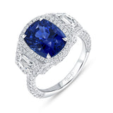 Uneek Precious Collection 3-Stone-Halo Cushion Cut Blue Sapphire Engagement Ring