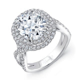 Uneek Oval Diamond Pave Double Halo Engagement Ring with Ribbon-Style Shank and Fleur-de-Lis Filigree