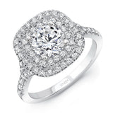 Uneek Round Diamond Engagement Ring with Cushion-Shaped Double Halo, Filigree Detail and Surprise Diamonds