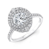 Uneek Petals Design Round Diamond Engagement Ring with Double Halo and Pave Diamond Shank