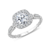 Uneek Us Collection Round Diamond Halo Engagement Ring, with High Polish Bead Accents and Milgrain-Trimmed Pave Bars
