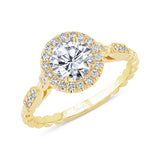 Uneek Us Collection Round Diamond Halo Engagement Ring, with High Polish Bead Accents and Milgrain-Trimmed Pave Bars