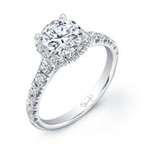 Uneek Round Diamond Halo Engagement Ring with Graduated Melee Diamonds U-Pave Set on Upper Shank