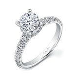 Uneek Round Diamond Engagement Ring with Low Halo and Graduated Melee Diamonds U-Pave Set on Upper Shank