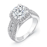 Uneek 1-Carat Round-Diamond-on-Cushion-Halo Wide-Band Engagement Ring with Three-Row Channel- and Pave-Set Melees