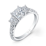 Uneek Princess-Cut Diamond Three-Stone Engagement Ring with Pave Upper Shank