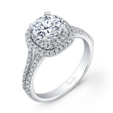 Uneek Round Diamond Engagement Ring with Dreamy Cushion-Shaped Double Halo and Split Upper Shank